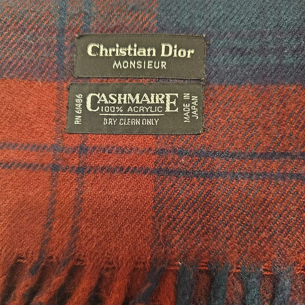 Christian Dior Monsieur Vintage Scarf Red Navy Plaid Cashmaire Acrylic Japan